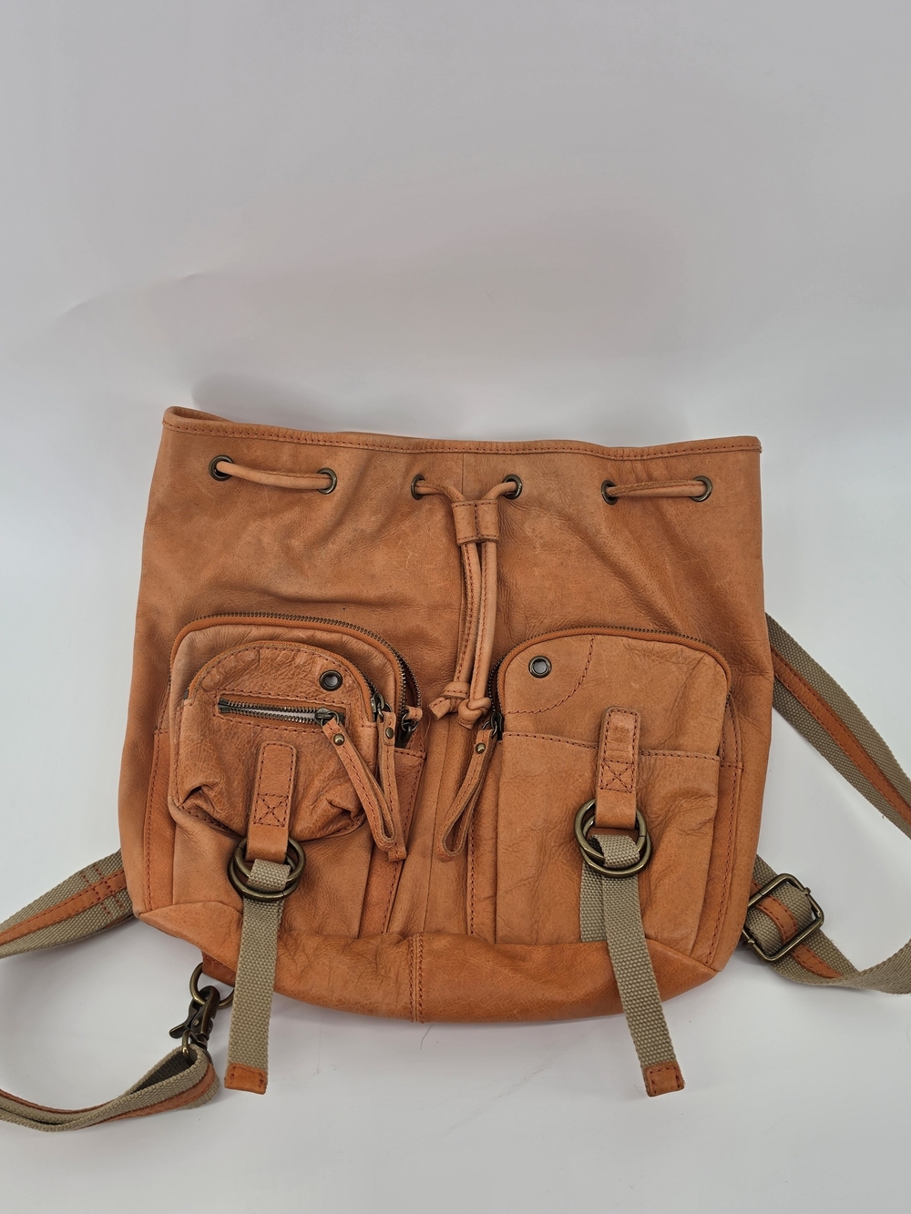 Lucky Brand Tan Orange Leather Drawstring Backpack Purse Front Cargo Pockets